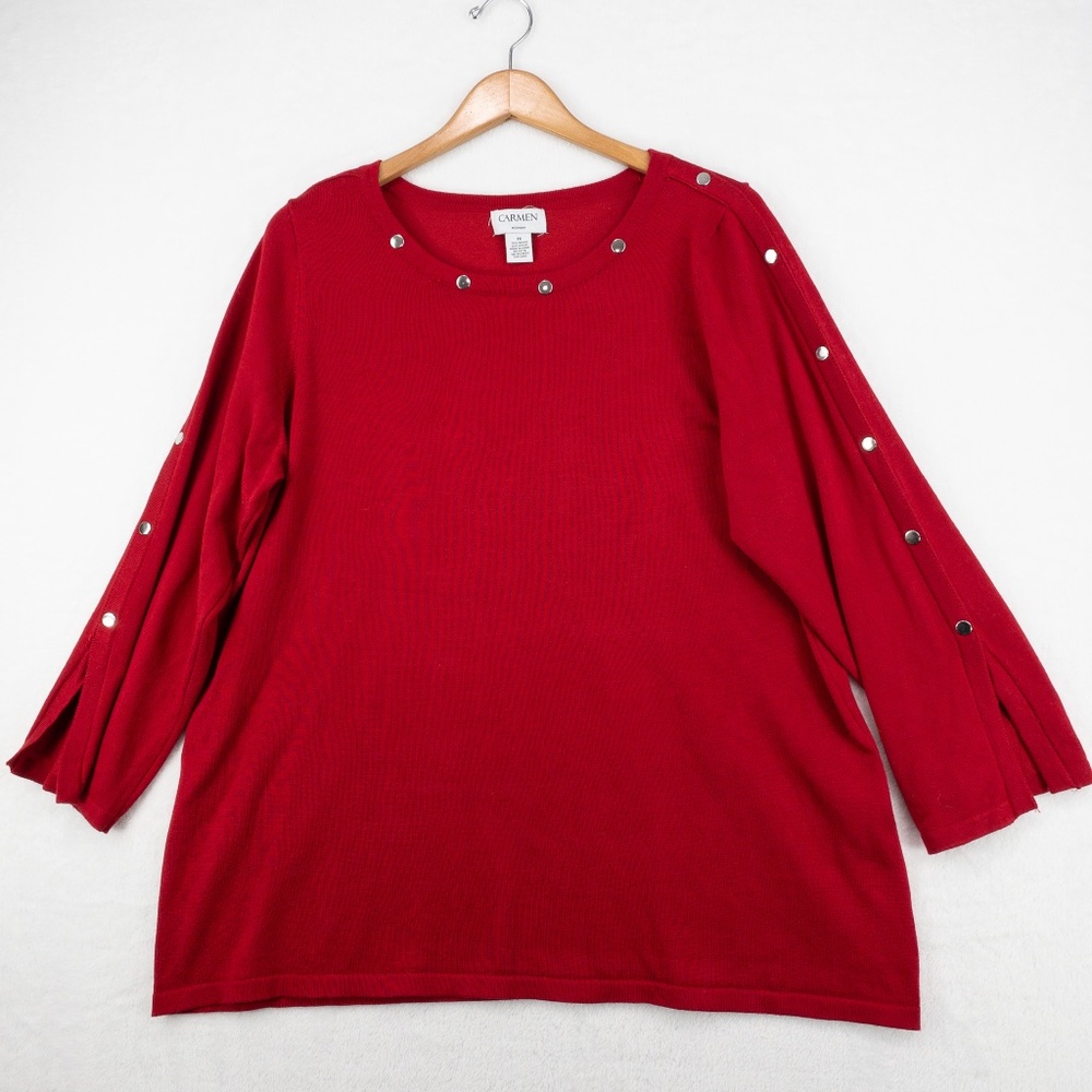 Carmen Marc Valvo Sweater Woman 1X Red Silver Studs 3/4 Slit Sleeve